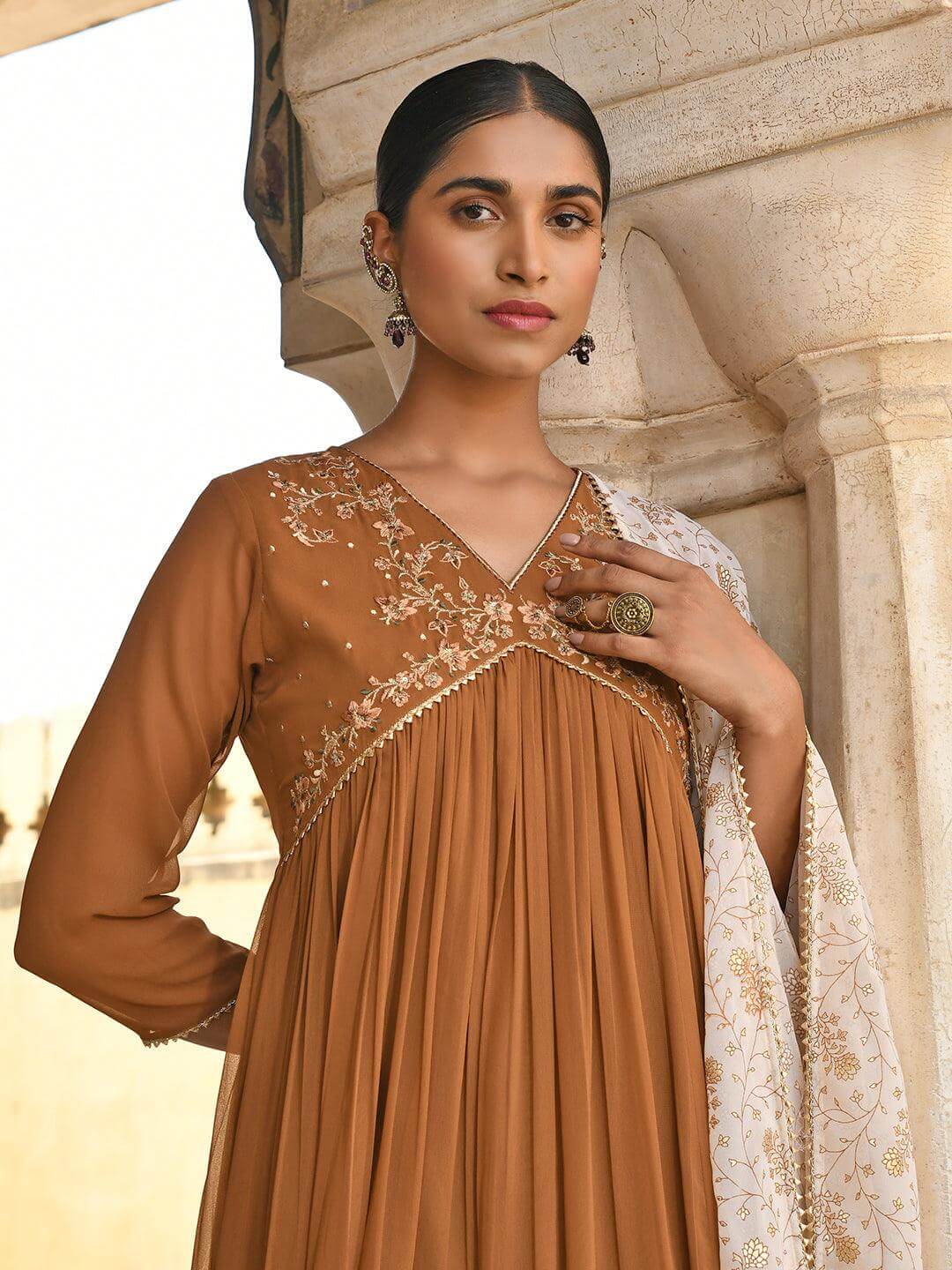 Brown Georgette Floral Embroidery Kurta Palazzo Set  - By Janasya