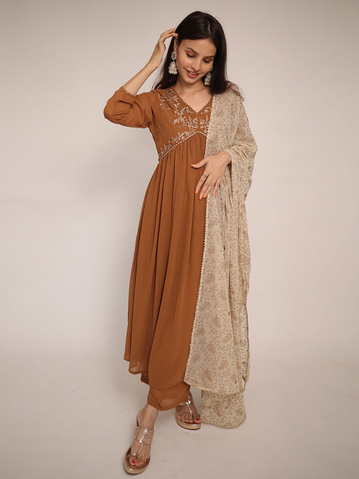 Brown Georgette Floral Embroidery Kurta Palazzo Set  - By Janasya