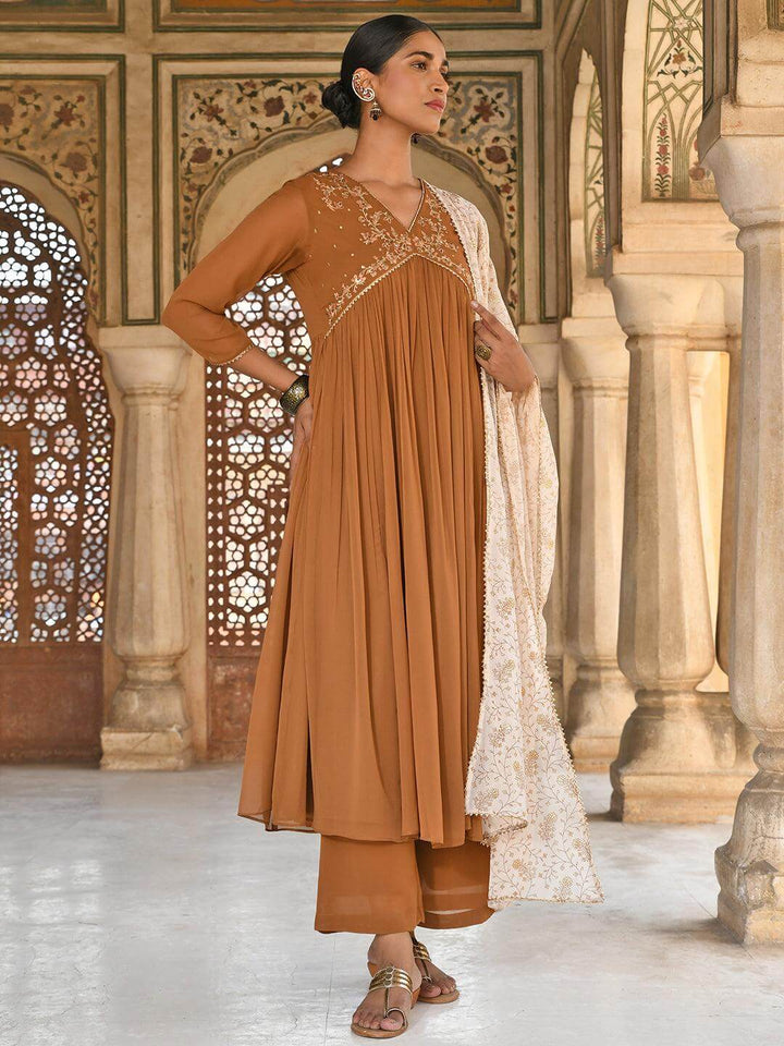 Brown Georgette Floral Embroidery Kurta Palazzo Set  - By Janasya