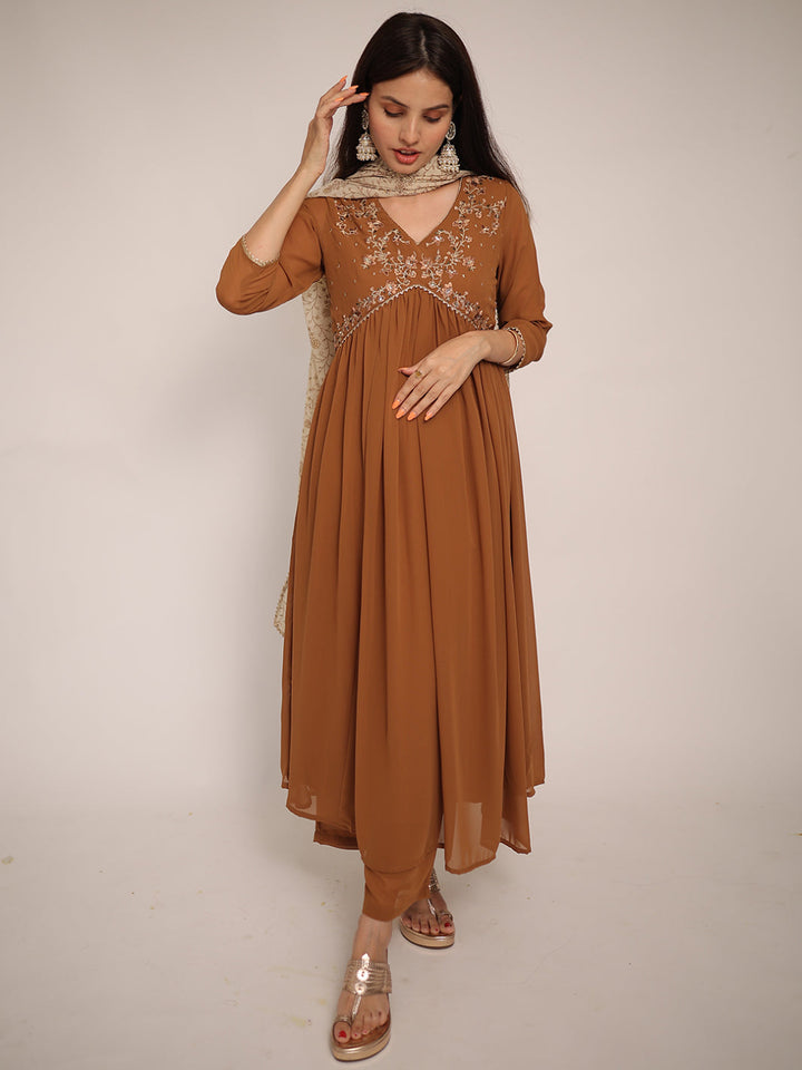 Brown Georgette Floral Embroidery Kurta Palazzo Set  - By Janasya