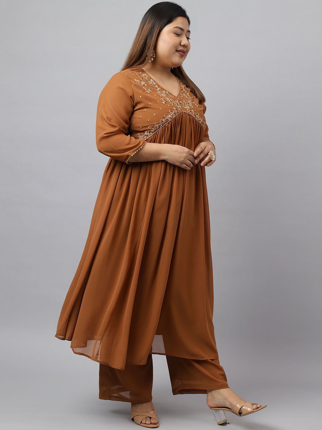 Brown Georgette Yoke Embroidery Kurta with Palazzo and Dupatta  - By Janasya