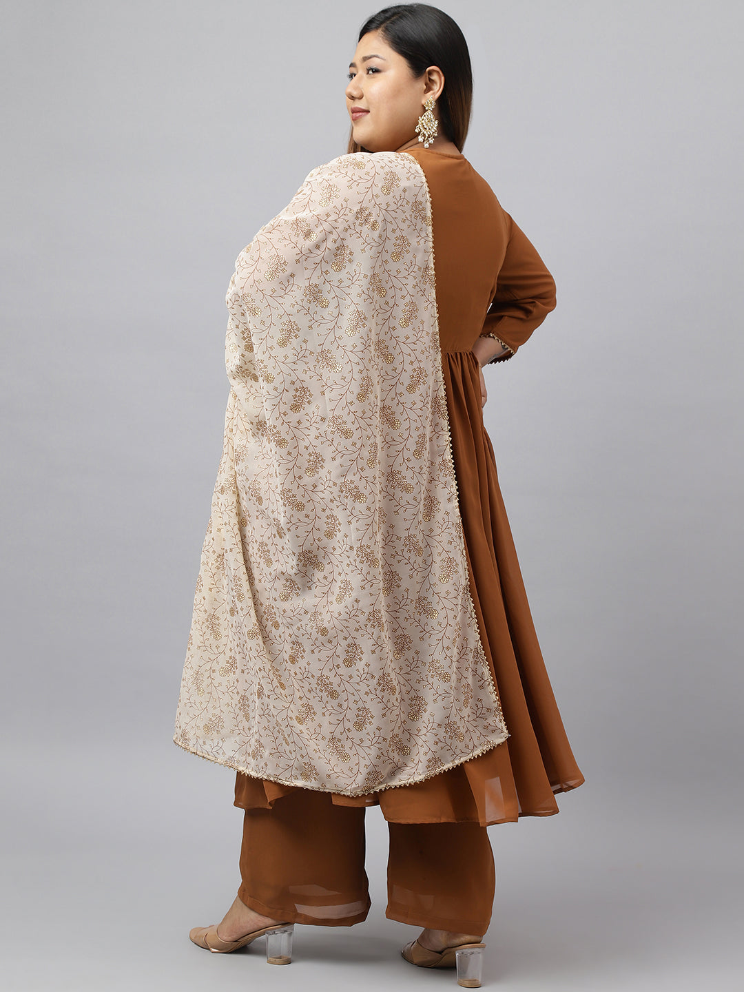 Brown Georgette Yoke Embroidery Kurta with Palazzo and Dupatta  - By Janasya