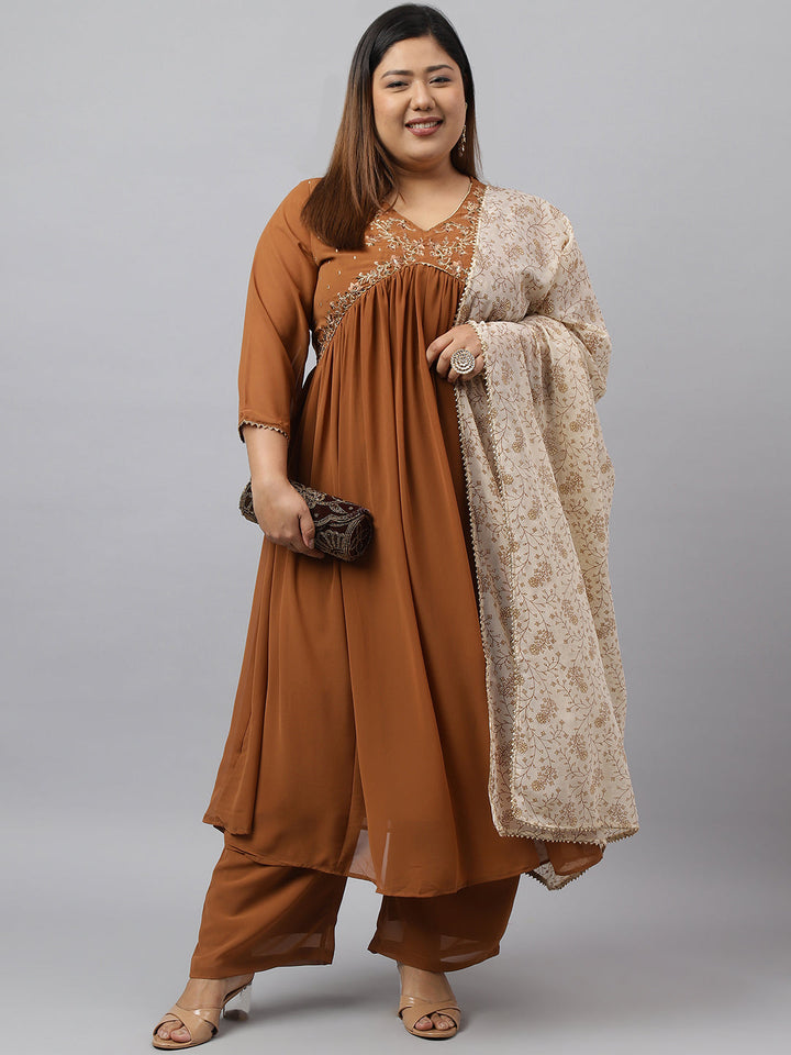 Brown Georgette Yoke Embroidery Kurta with Palazzo and Dupatta  - By Janasya