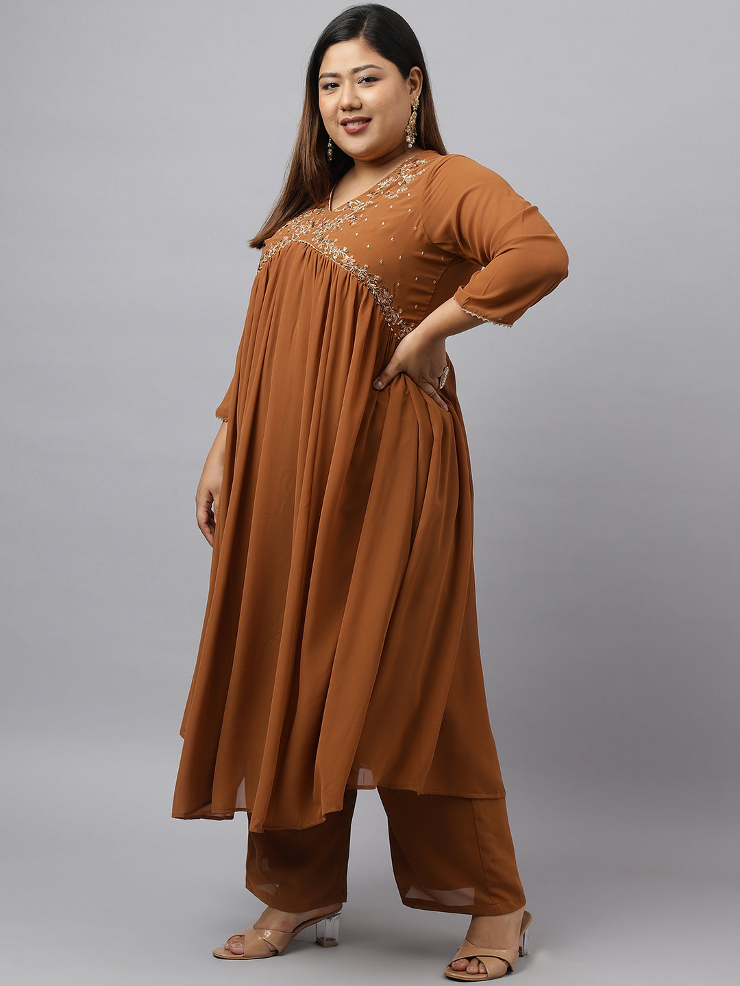 Brown Georgette Yoke Embroidery Kurta with Palazzo and Dupatta  - By Janasya