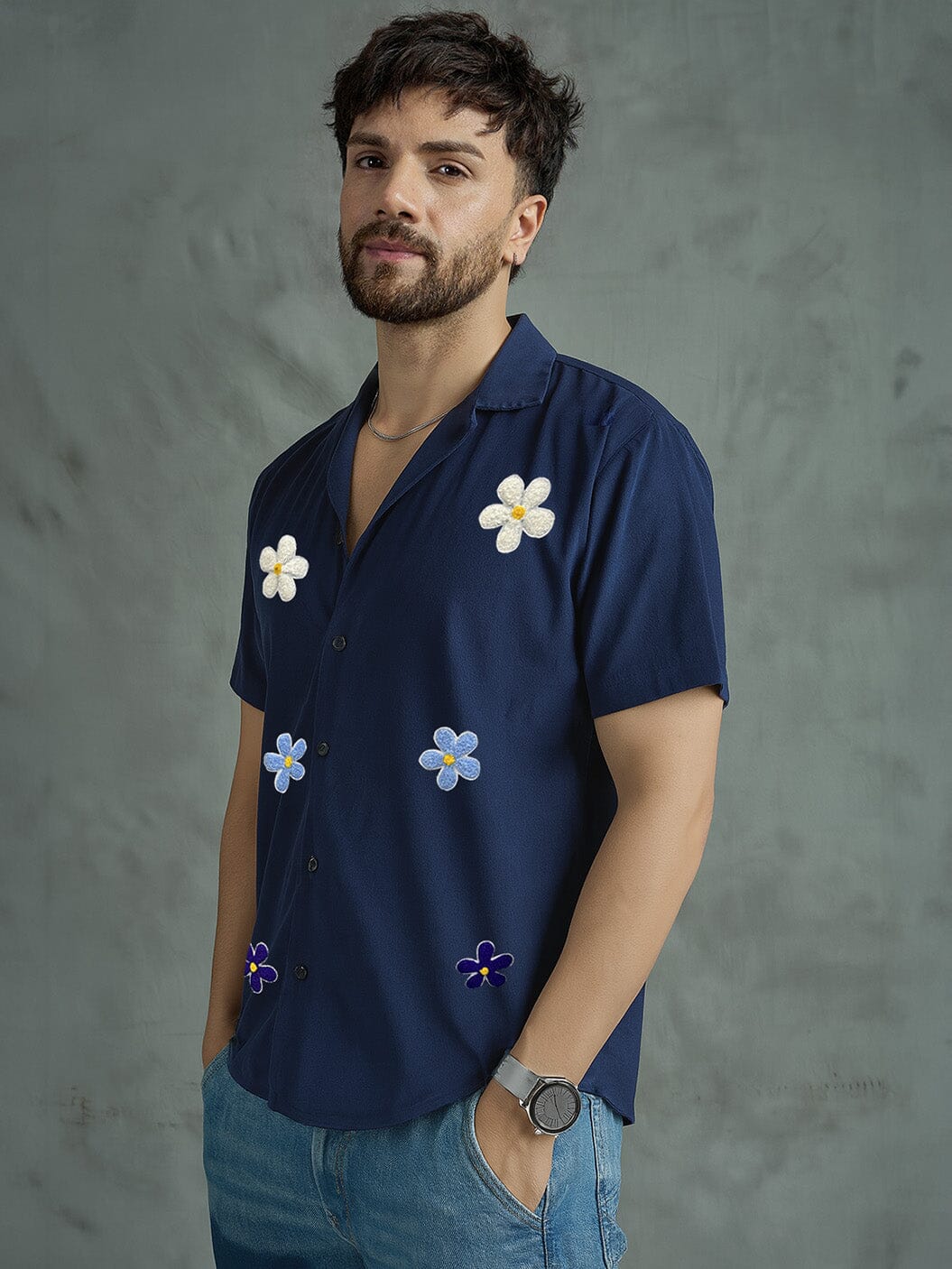 Navy Floral Applique Corduroy Shirt
