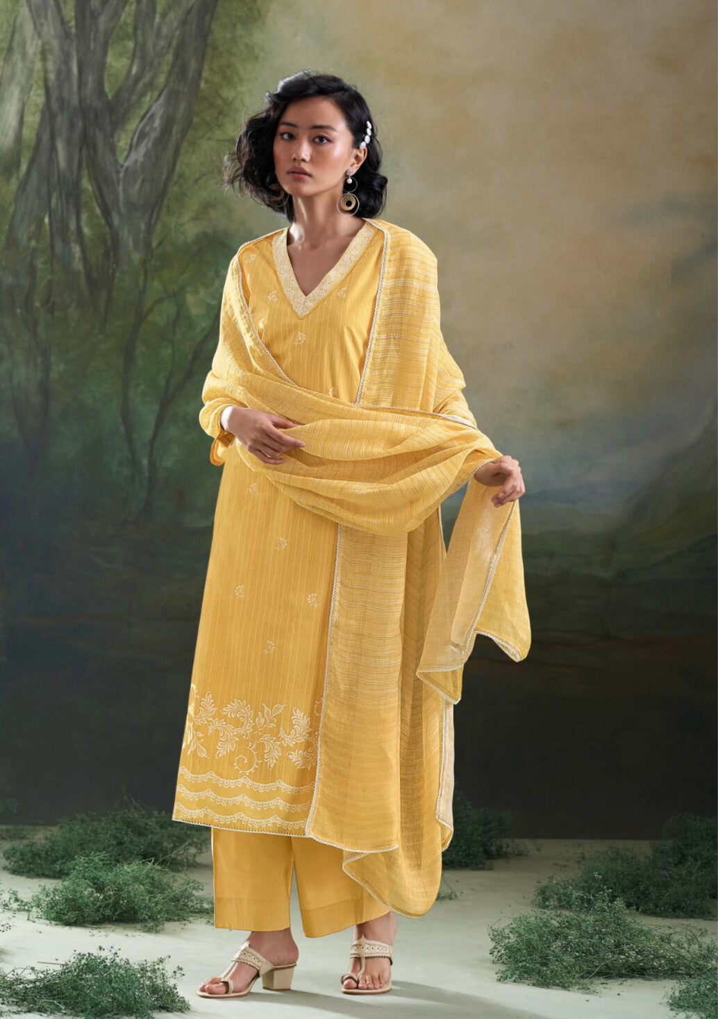 YELLOW PREMIUM COTTON PRINTED WITH HAND WORK SALWAR SUIT