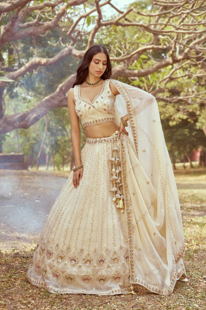 Cream Gold crushed Tissue Fabric Moti Hand work Semi-Stitched Lehenga choli & Dupatta