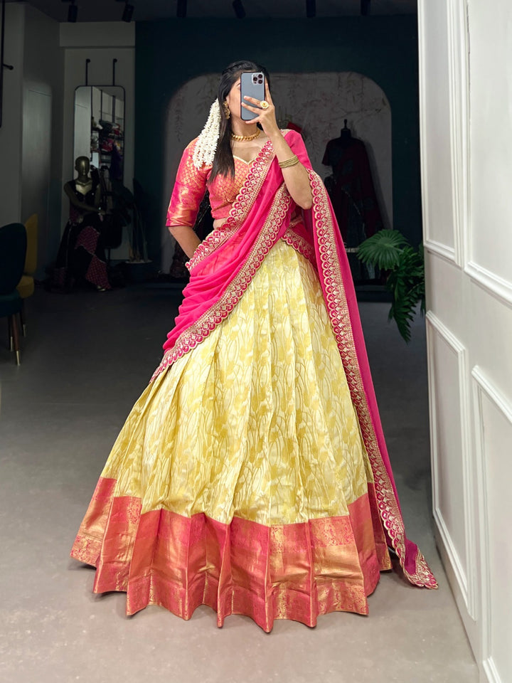 Cream Jacquard Silk Zari weaving work Lehenga