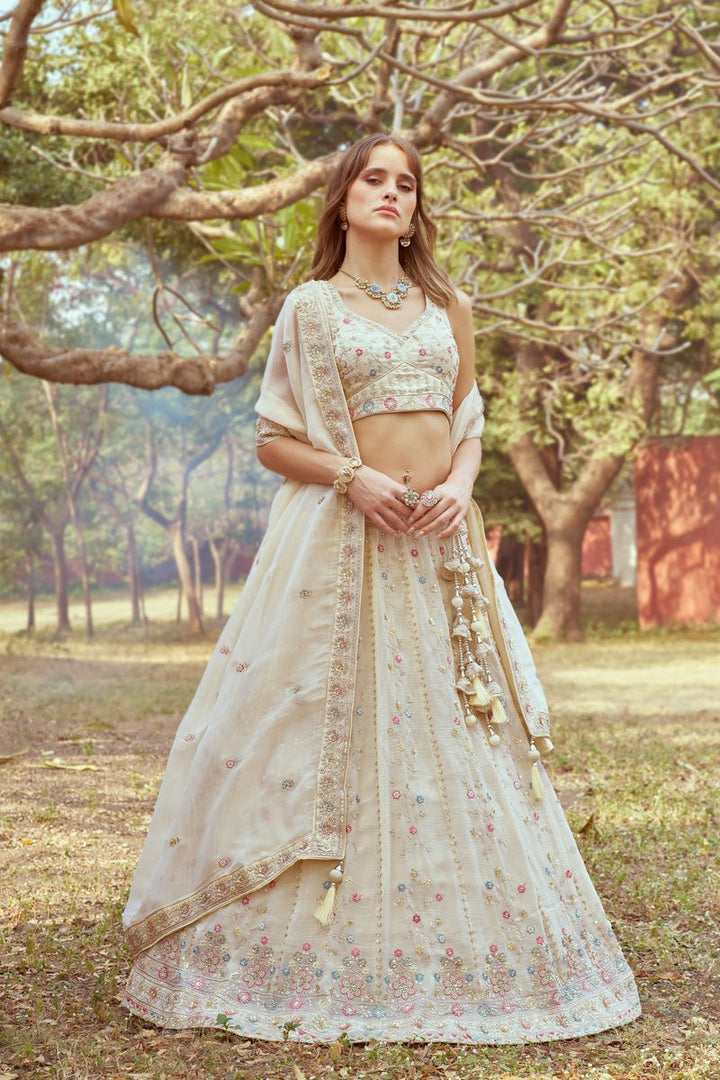 Cream Gold crushed Tissue Fabric Moti Hand work Semi-Stitched Lehenga choli & Dupatta