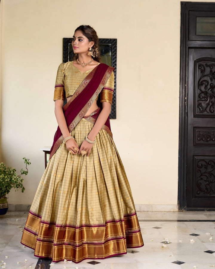 Cream Cotton Silk Weaving Work With Paithani Concept Lehenga