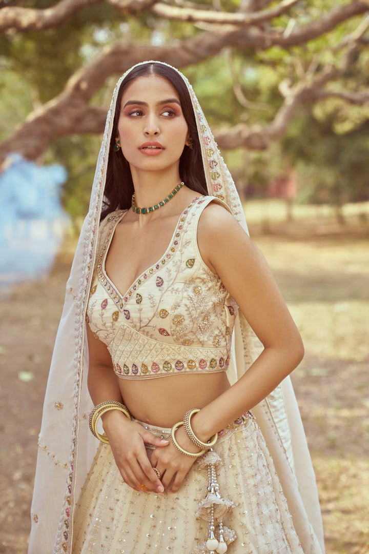 Cream Gold crushed Tissue Fabric Moti Hand work Semi-Stitched Lehenga choli & Dupatta