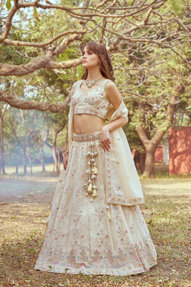 Cream Gold crushed Tissue Fabric Moti Hand work Semi-Stitched Lehenga choli & Dupatta