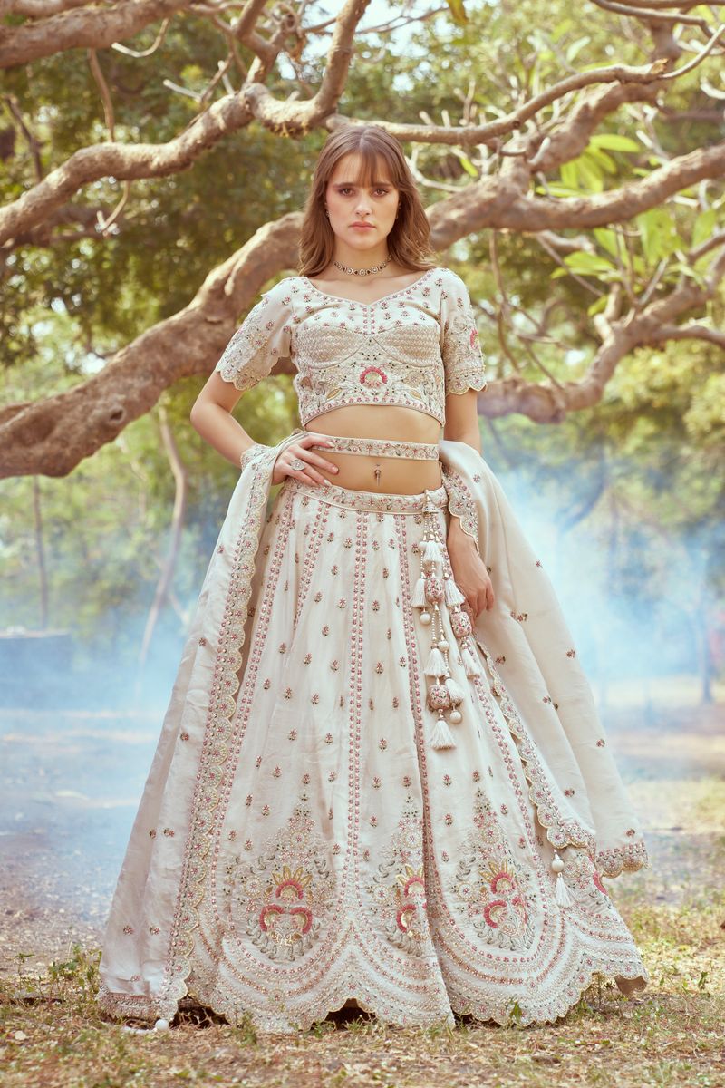 Cream Gold crushed Tissue Fabric Moti, Zari work Semi-Stitched Lehenga choli & Dupatta