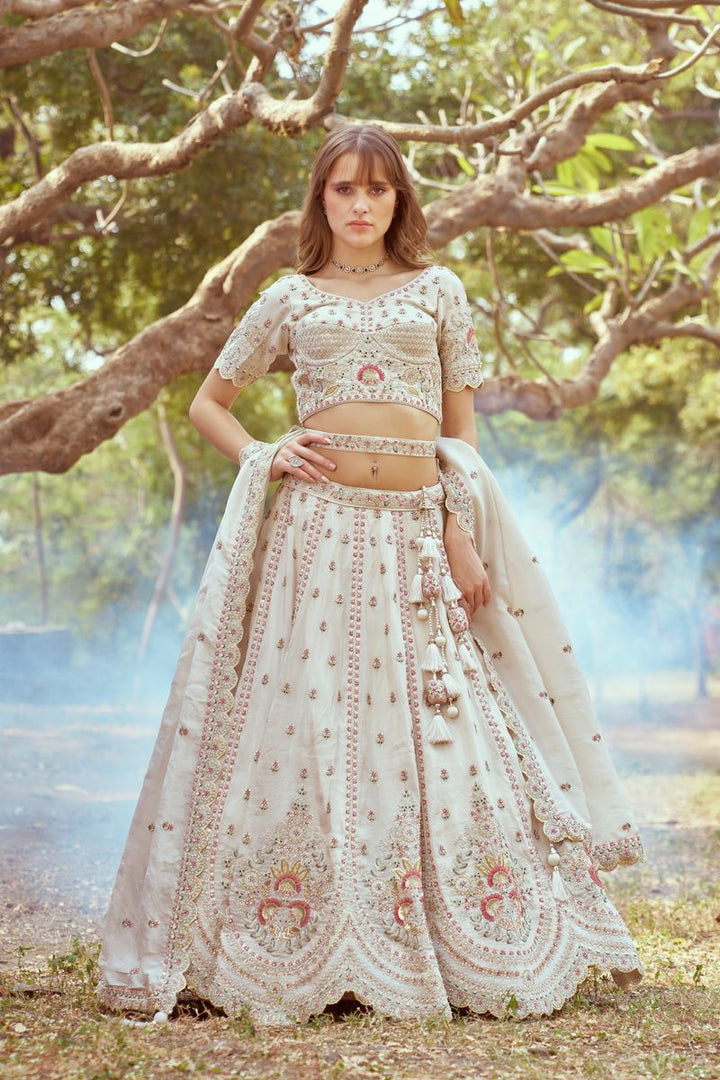 Cream Gold crushed Tissue Fabric Moti, Zari work Semi-Stitched Lehenga choli & Dupatta