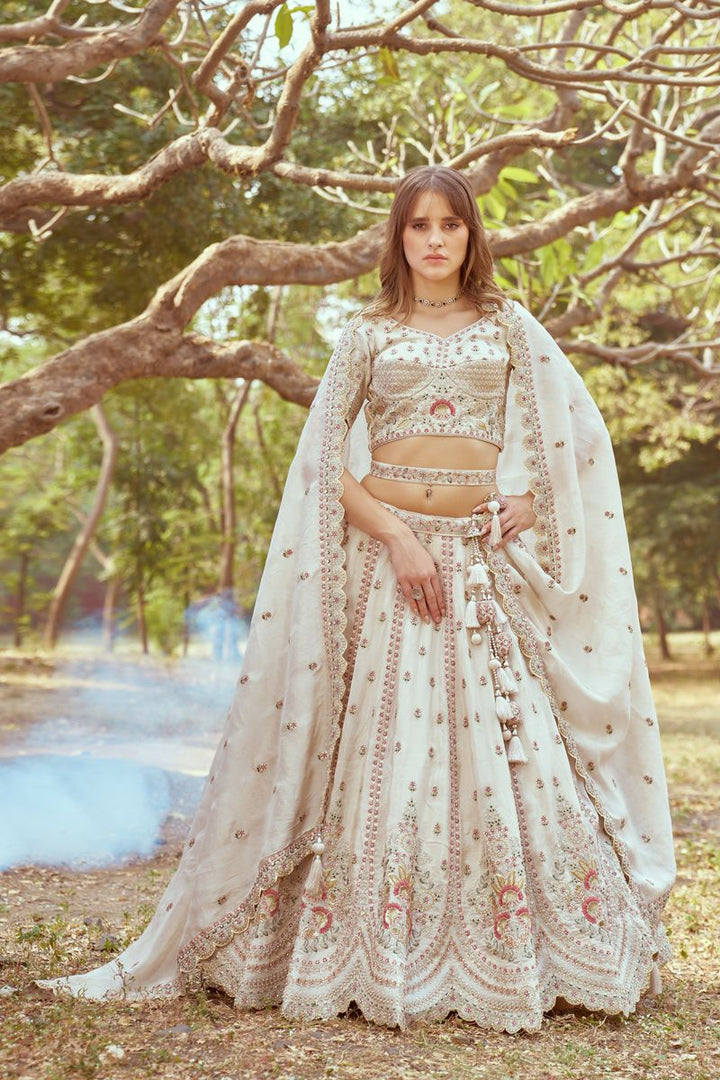 Cream Gold crushed Tissue Fabric Moti, Zari work Semi-Stitched Lehenga choli & Dupatta