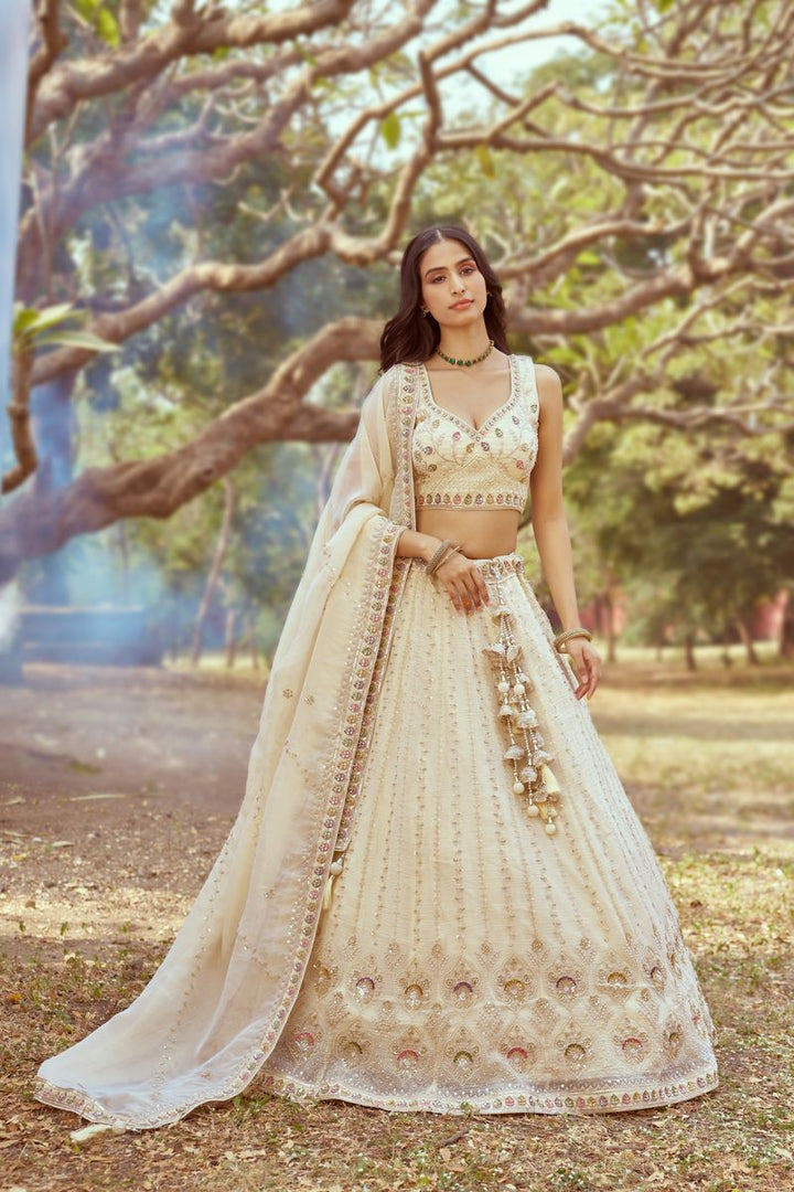 Cream Gold crushed Tissue Fabric Moti Hand work Semi-Stitched Lehenga choli & Dupatta