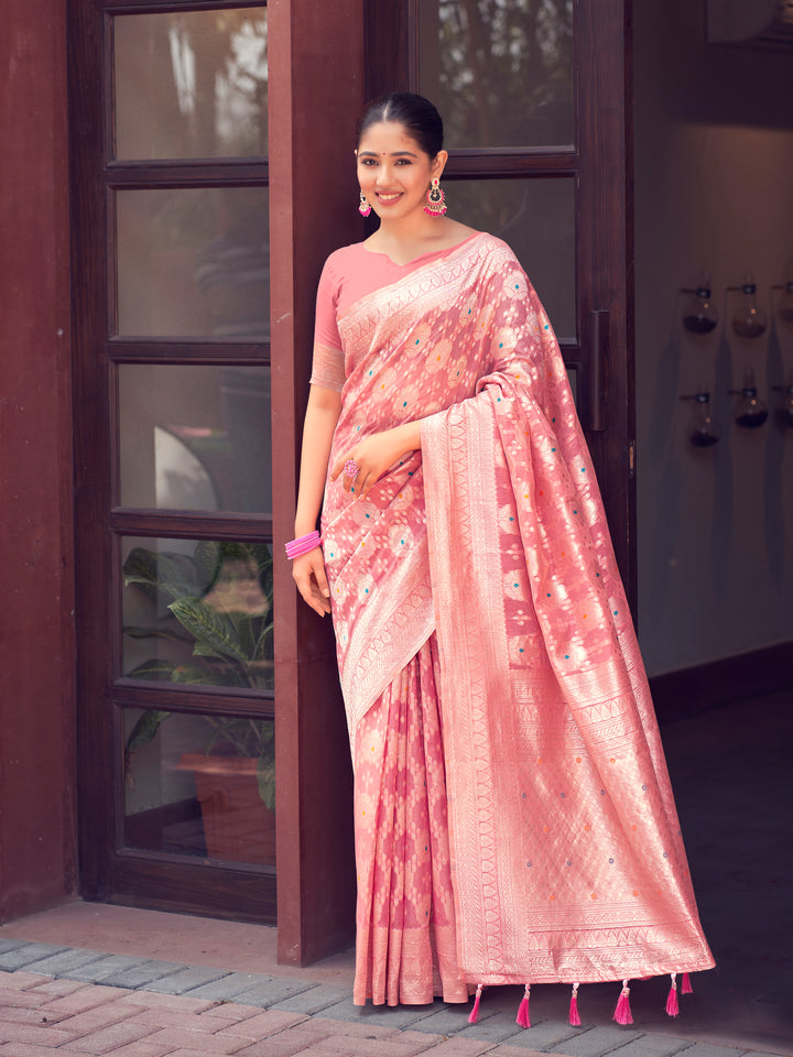 BABY PINK COLOR LINEN LUCKNOWI WEAVING SILK SAREE