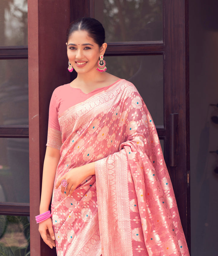 BABY PINK COLOR LINEN LUCKNOWI WEAVING SILK SAREE