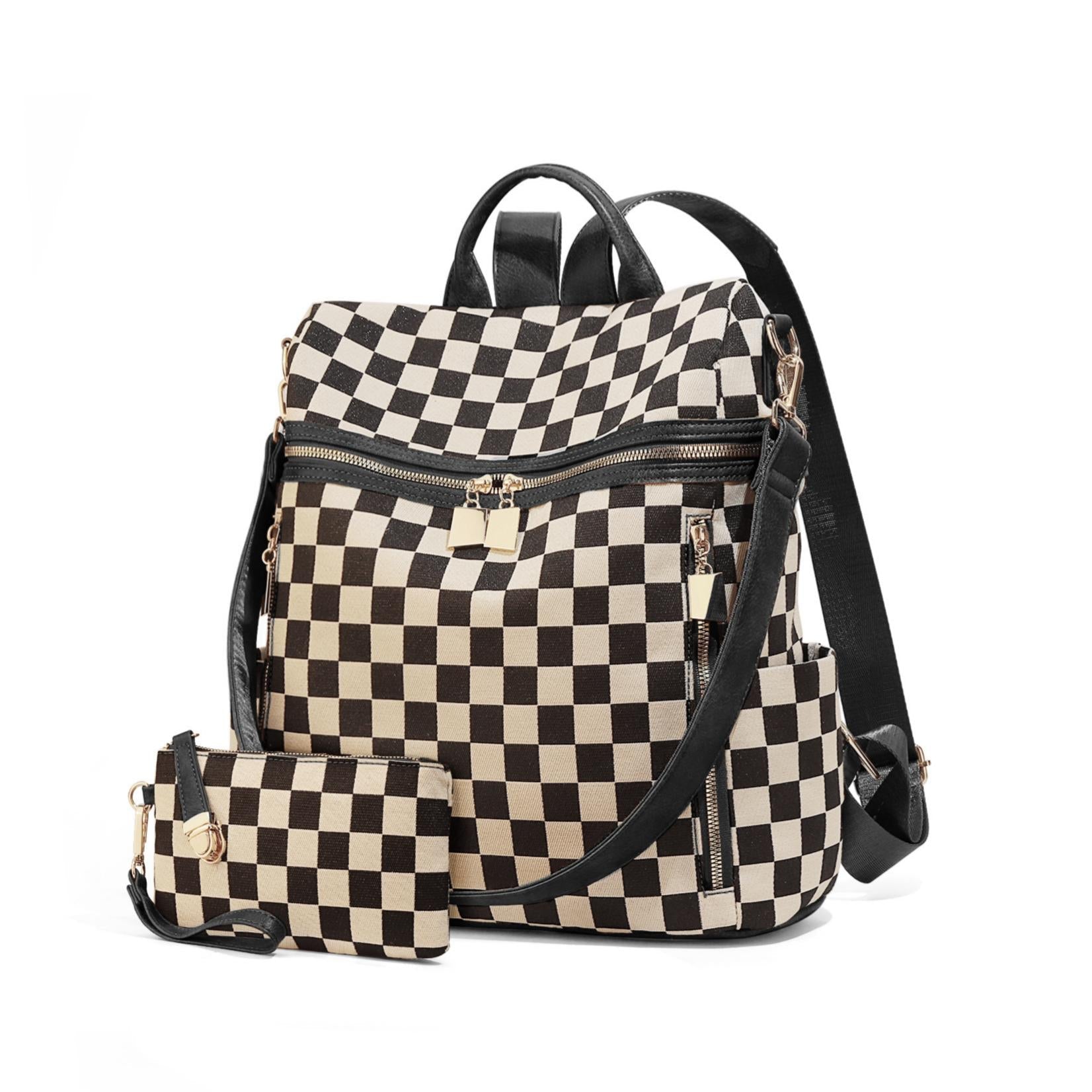 Ounamei Checkered Canvas Backpack Purse for Women with Matching Pouch | Large Capacity Travel & Daily Bag
