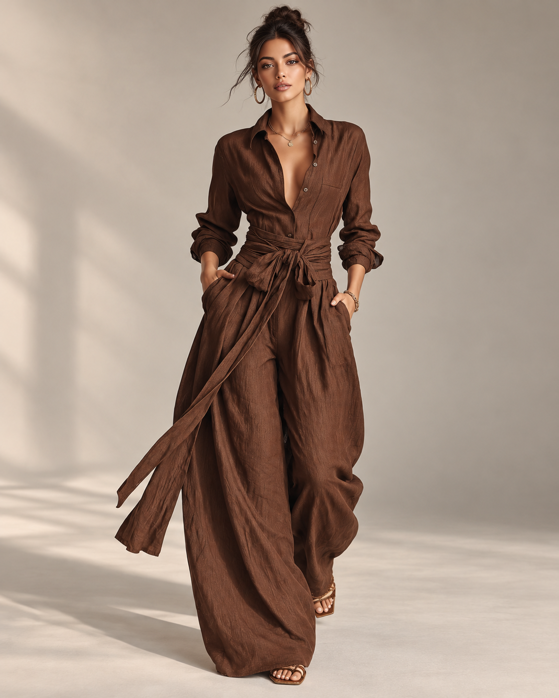 Women's brown woven cotton-linen long-sleeved jumpsuit with shirt collar and belt by Modesees, featuring an elegant, relaxed fit.