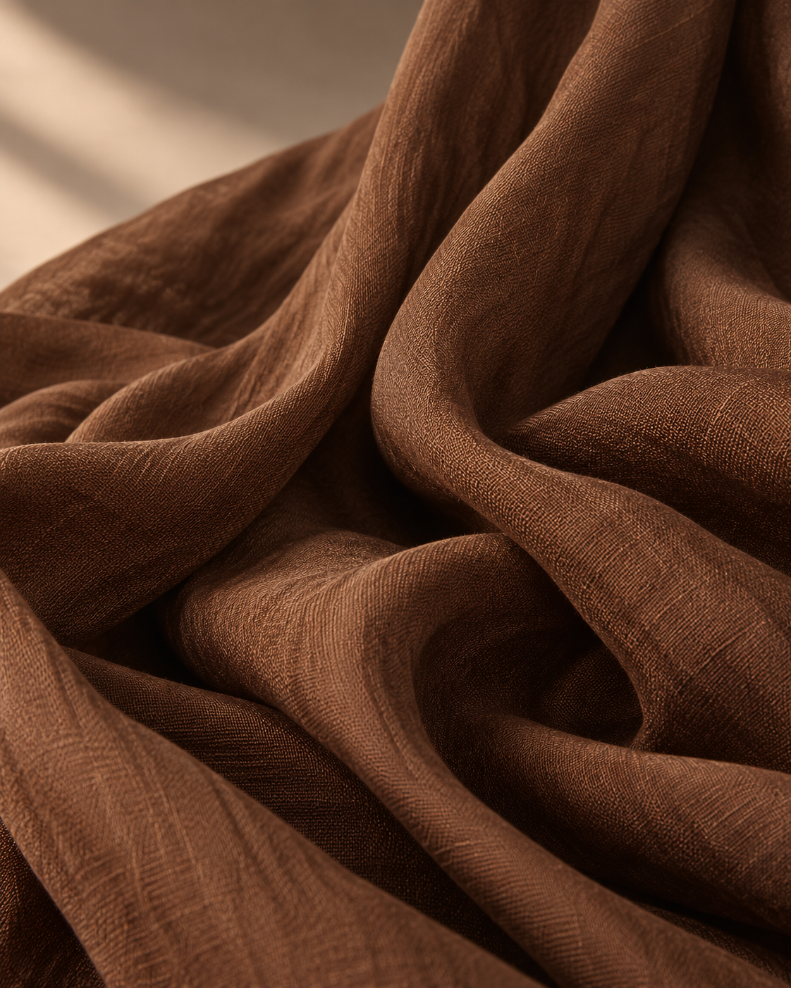 Women's elegant brown woven cotton-linen long-sleeved jumpsuit with shirt collar and belt by Modesees.