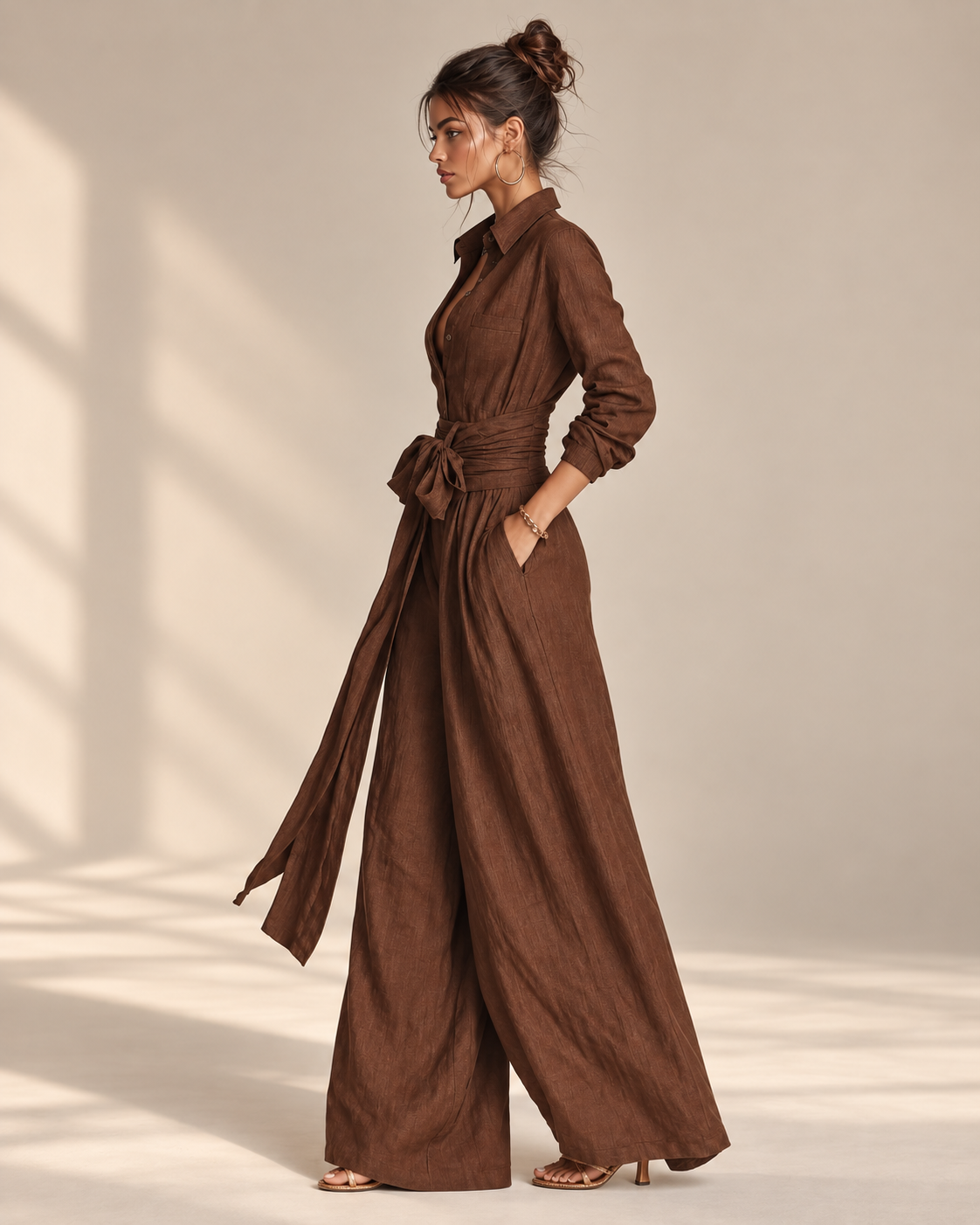 Women's brown woven cotton-linen long-sleeved jumpsuit with collar and belt by Modesees, featuring elegant, relaxed fit.