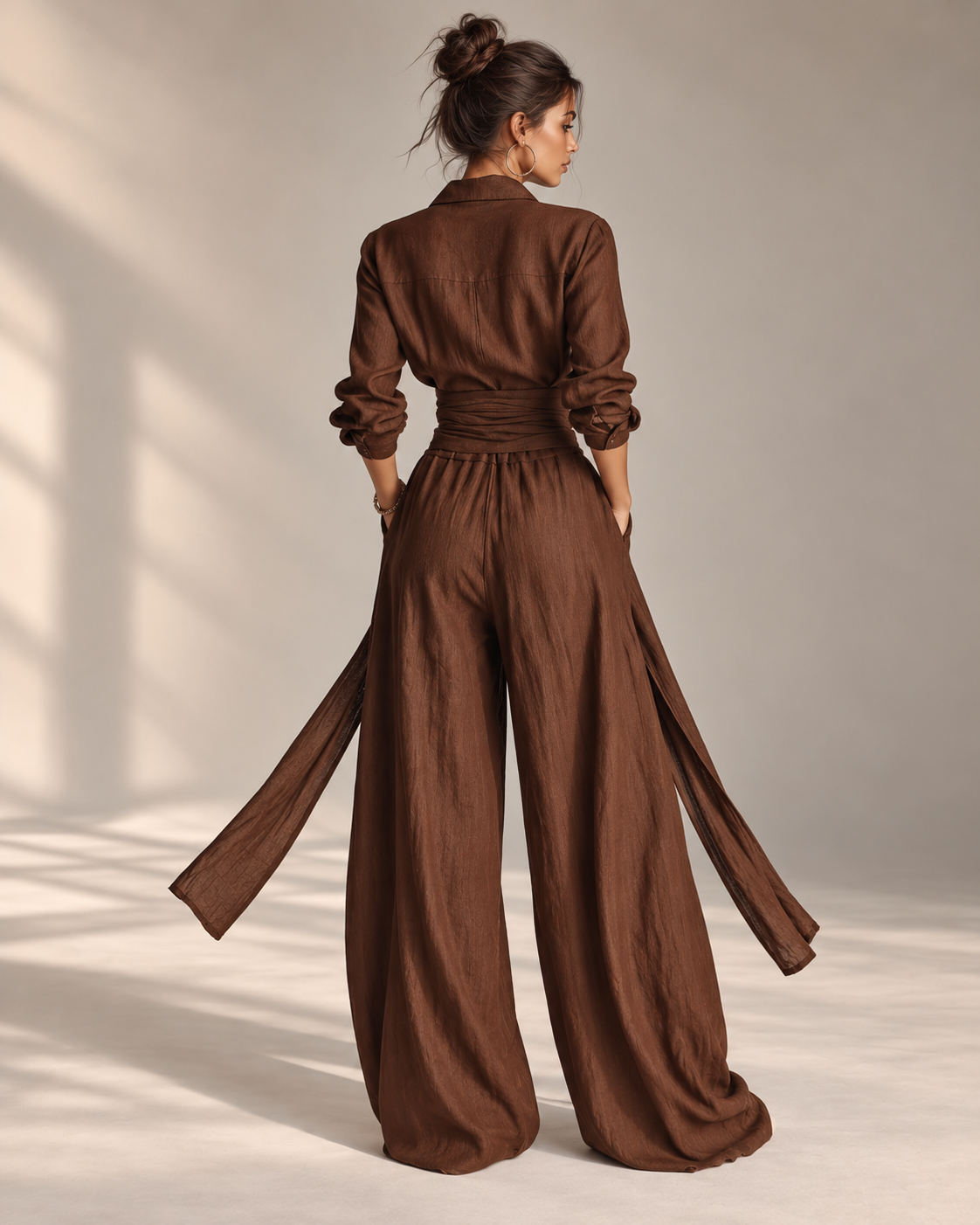 Women's brown woven cotton-linen long-sleeved shirt collar jumpsuit with belt, by Modesees, featuring elegant, casual style.
