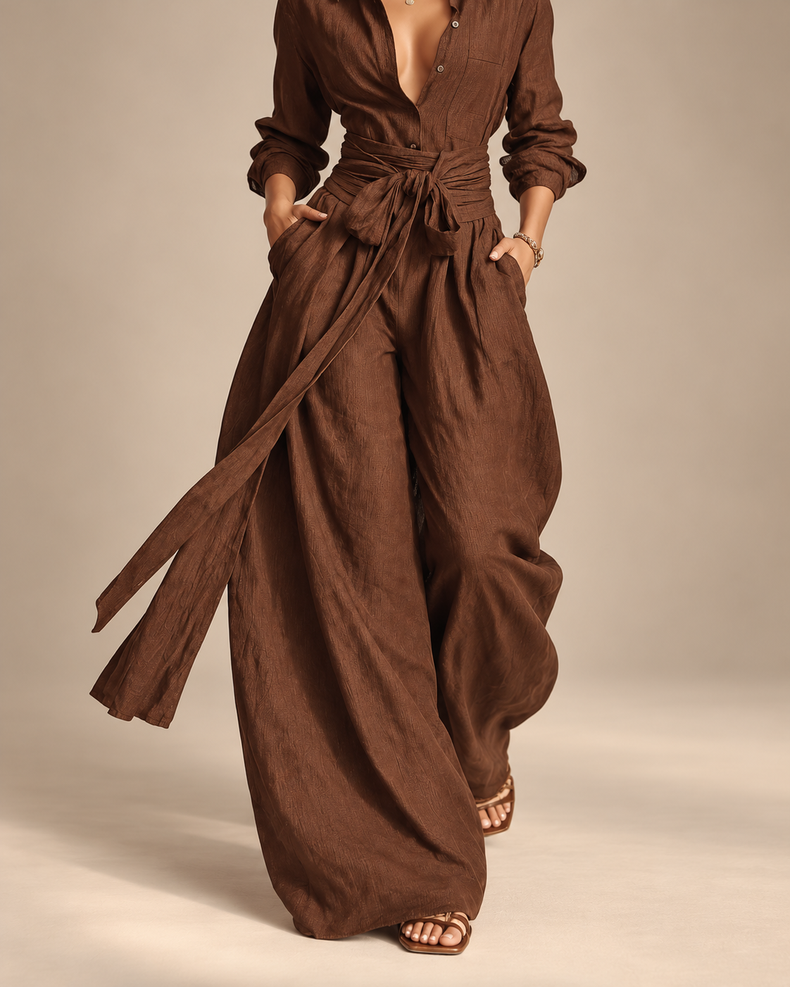 Women's brown woven cotton-linen long-sleeved jumpsuit with collar and belt by Modesees, featuring an elegant, relaxed fit.