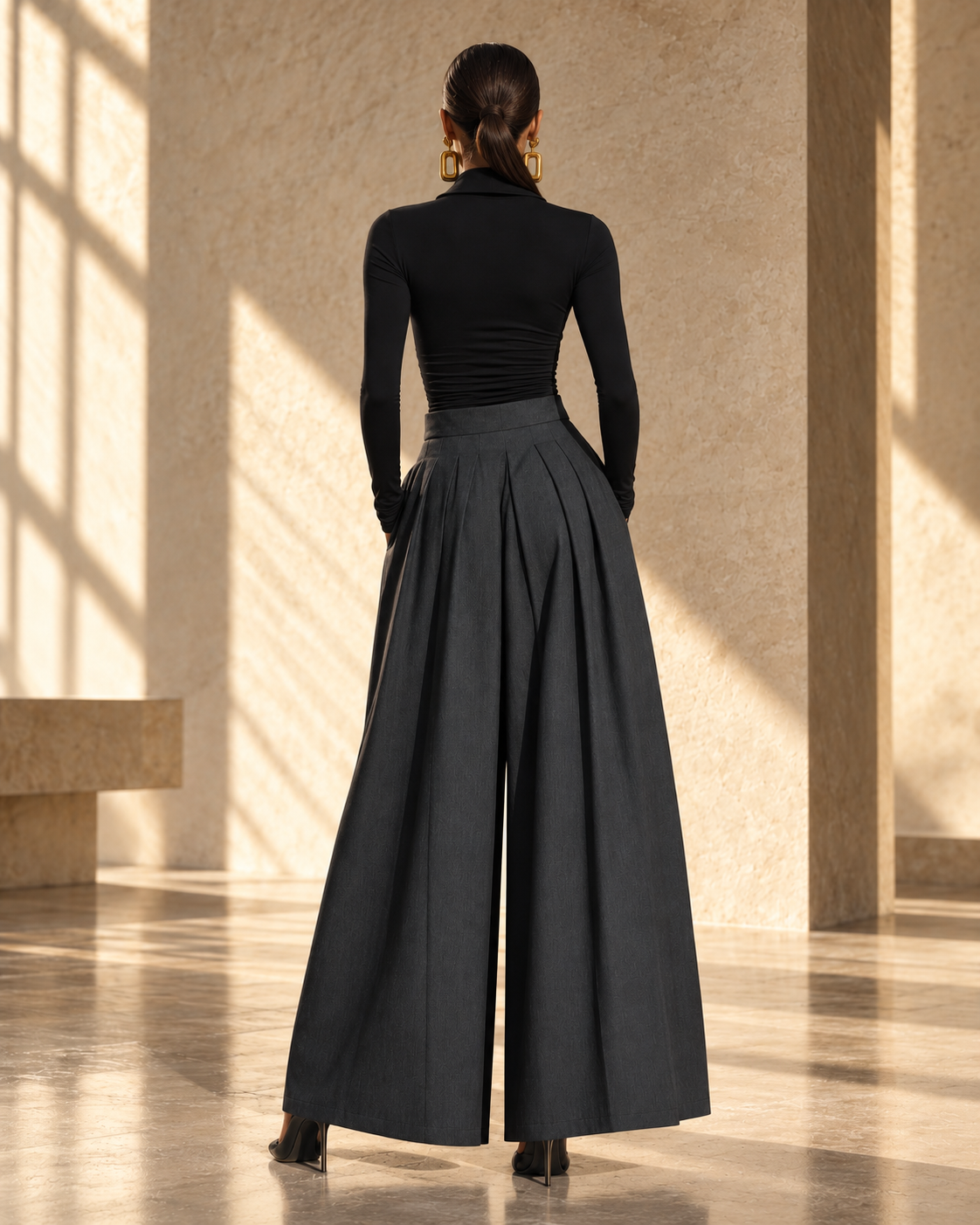 Women's Casual 2-Piece Set Black Stretch-knit Long-sleeve Top And Dark Gray Woven Wide-leg Trousers - By Qivii