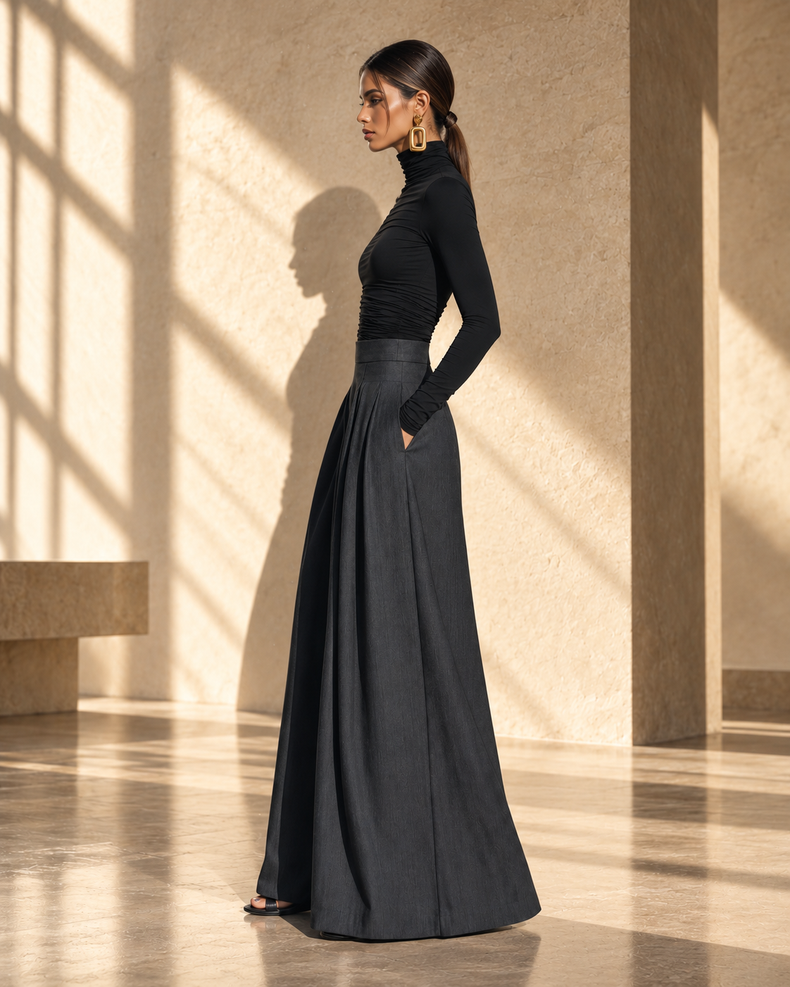 Women's Casual 2-Piece Set Black Stretch-knit Long-sleeve Top And Dark Gray Woven Wide-leg Trousers - By Qivii