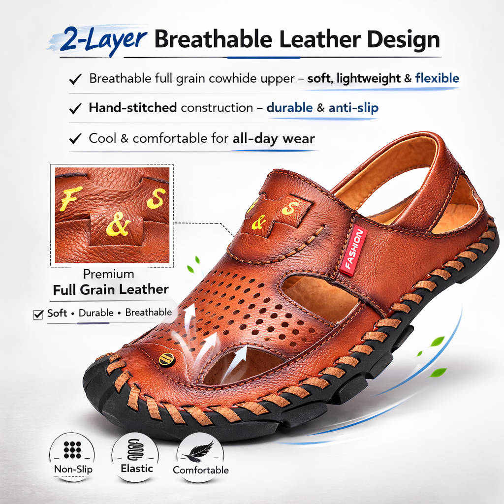 Flow Men’s Genuine Leather Summer Clogs – Breathable Closed-Toe Soft Sole Casual Beach Sandals (US7–11)
