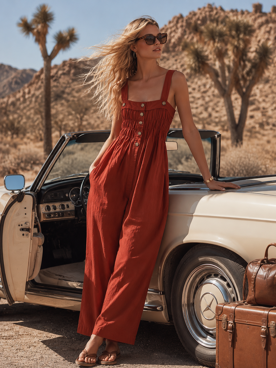 Retro Casual Square-Neck Front-Buttoned Terracotta Red Cotton Jumpsuit