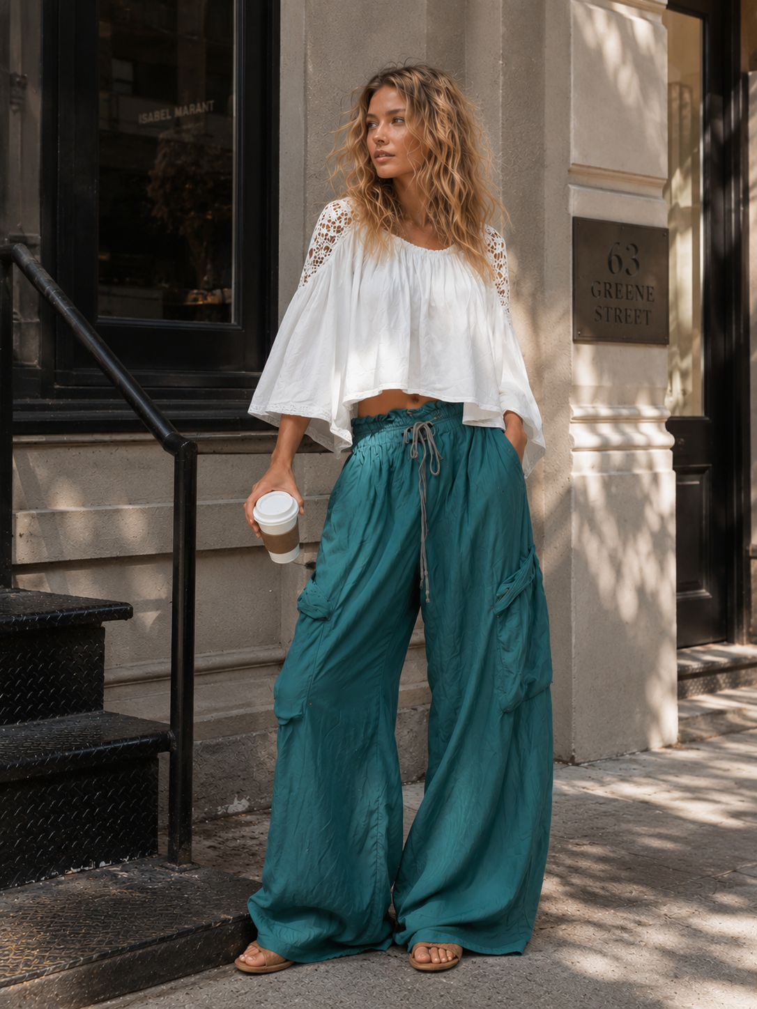 Vintage-style Boho White Shirt And Teal Utility Trousers Cotton-linen Set  - By Qivii