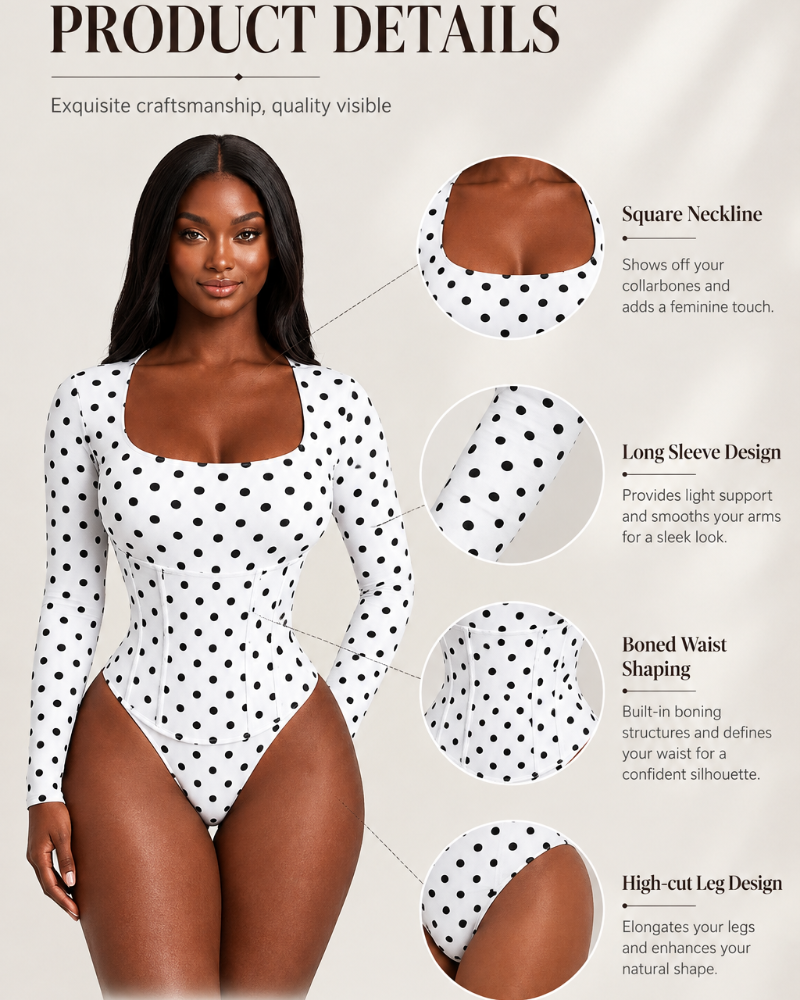 Polka Dot Square Neck Long Sleeve Bodysuit Detachable Corset Two Piece Set