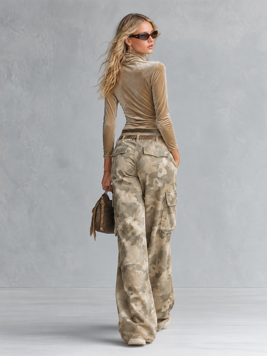 Retro Casual Khaki Top And Camouflage Cargo Pants Velour Set  - By Qivii