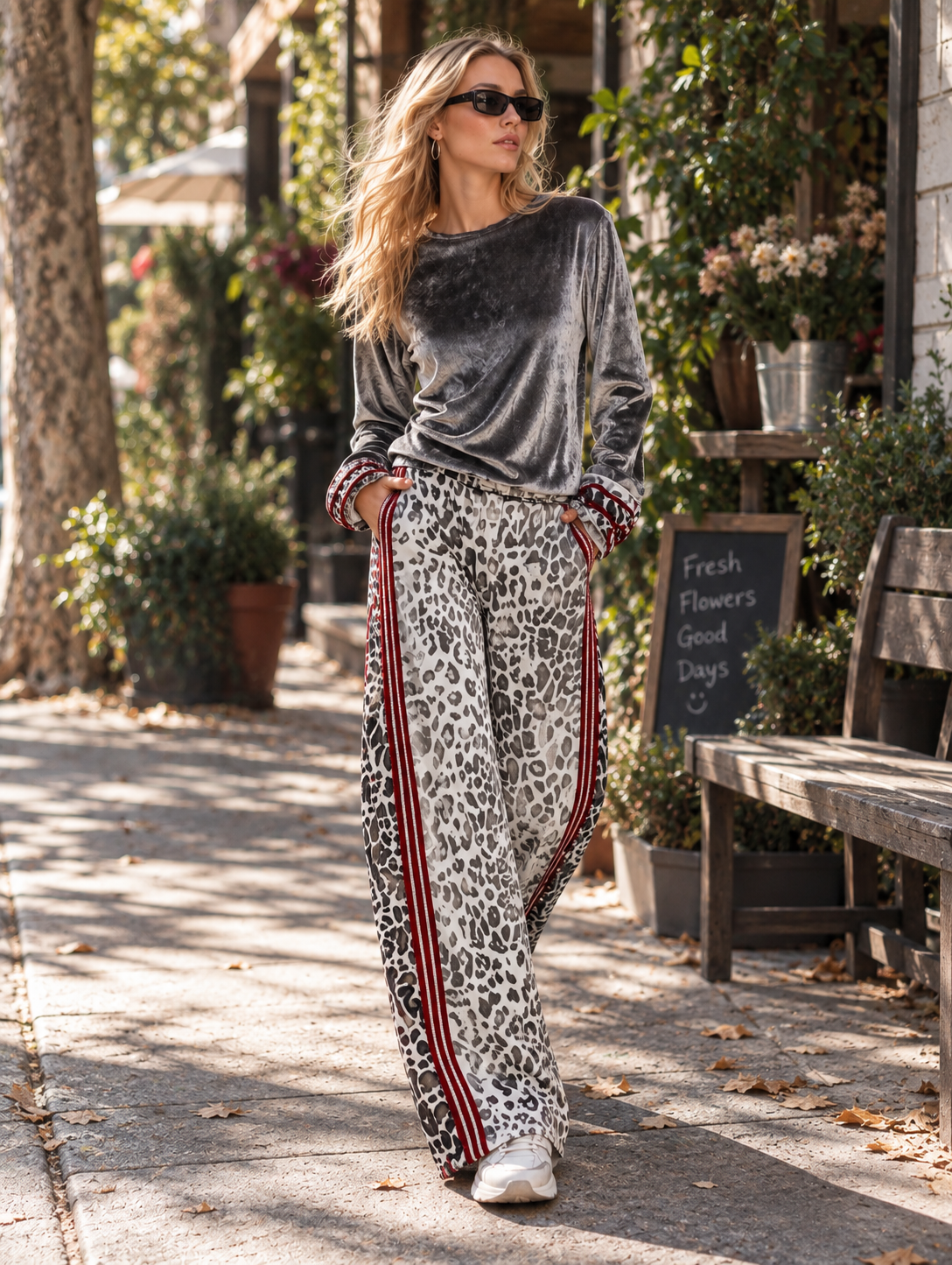 Chic Casual Striped Trim Grey T-shirt And Leopard-print Wide-leg Trousers Velvet Set  - By Qivii