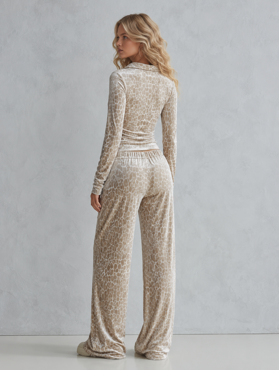 Leopard Print V-Neck Velvet Top and Flare Pants Two-Piece Set  - By Qivii