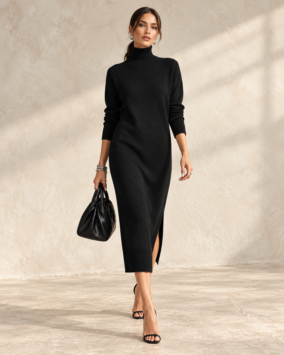 Elegant black knitted turtleneck midi dress for women by Modesees, long-sleeved, loose fit, no pockets, stylish and comfortable.