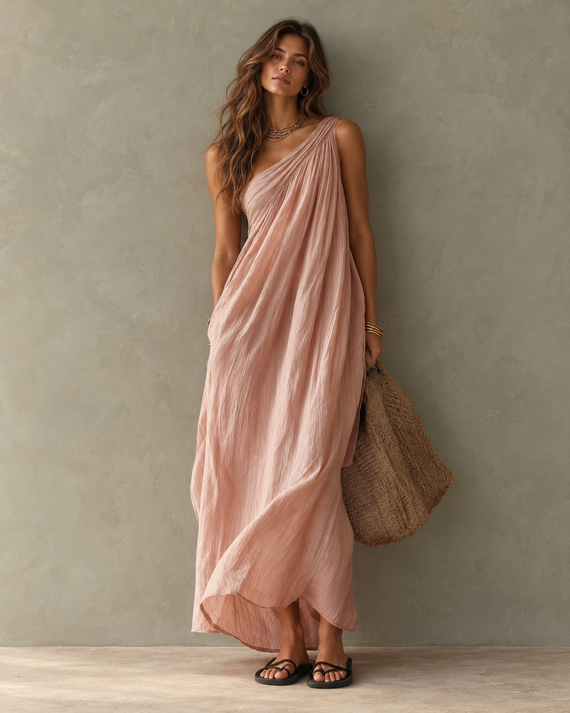 Women's Elegant Pink Cotton-Linen One-Shoulder Sleeveless Maxi Dress  - By Qivii