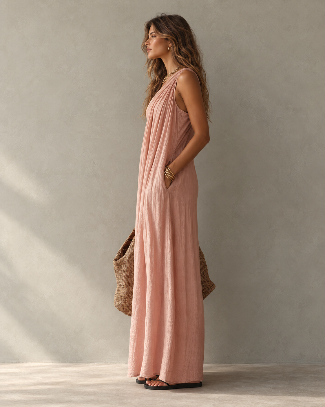 Women's Elegant Pink Cotton-Linen One-Shoulder Sleeveless Maxi Dress  - By Qivii
