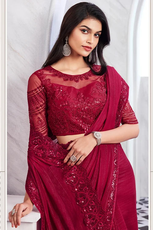 Fancy Designer Wedding Collection For Woven Saree With Cherry Red Blouse