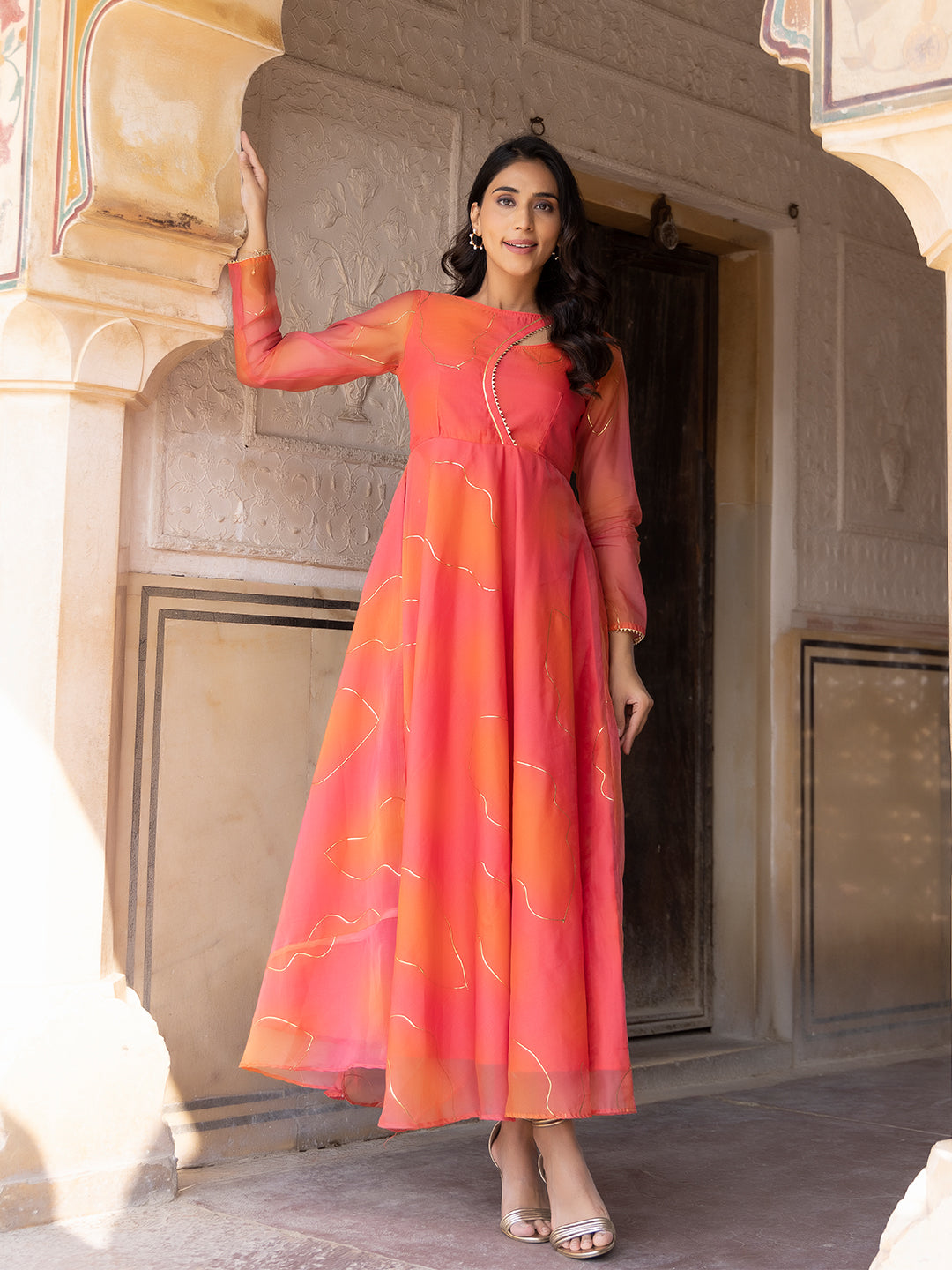 Coral Rose Peach-Orange Flade Kurta  - By Ragavi - qivii