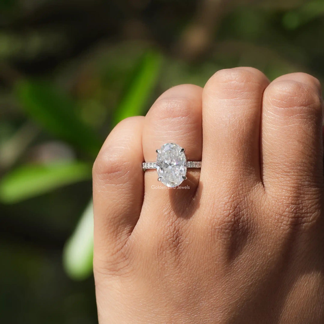 Crushed Ice Oval Moissanite Hidden Halo Ring