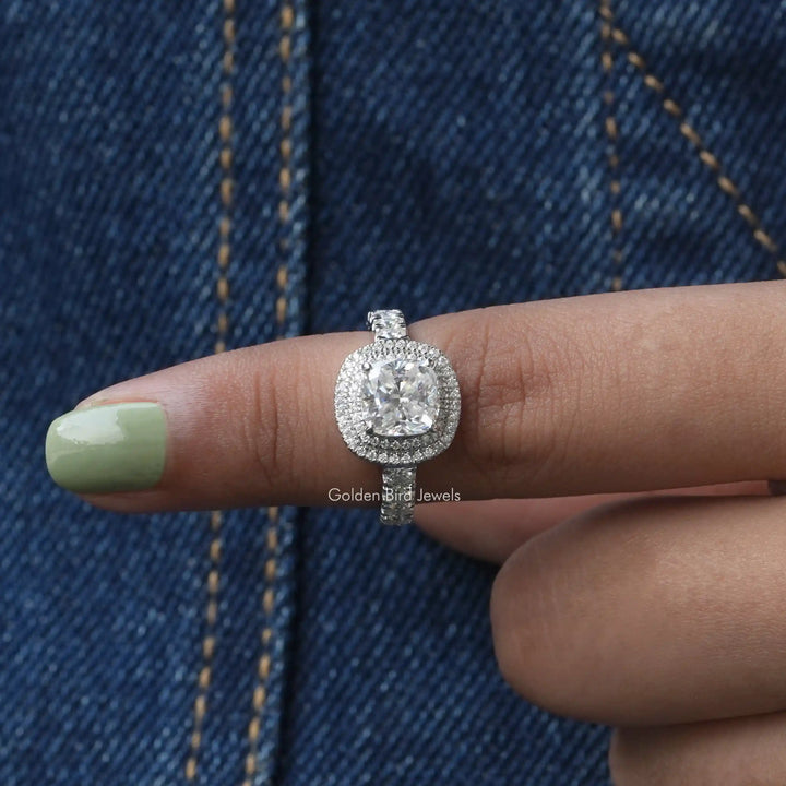 Cushion Cut Moissanite Double Halo Ring