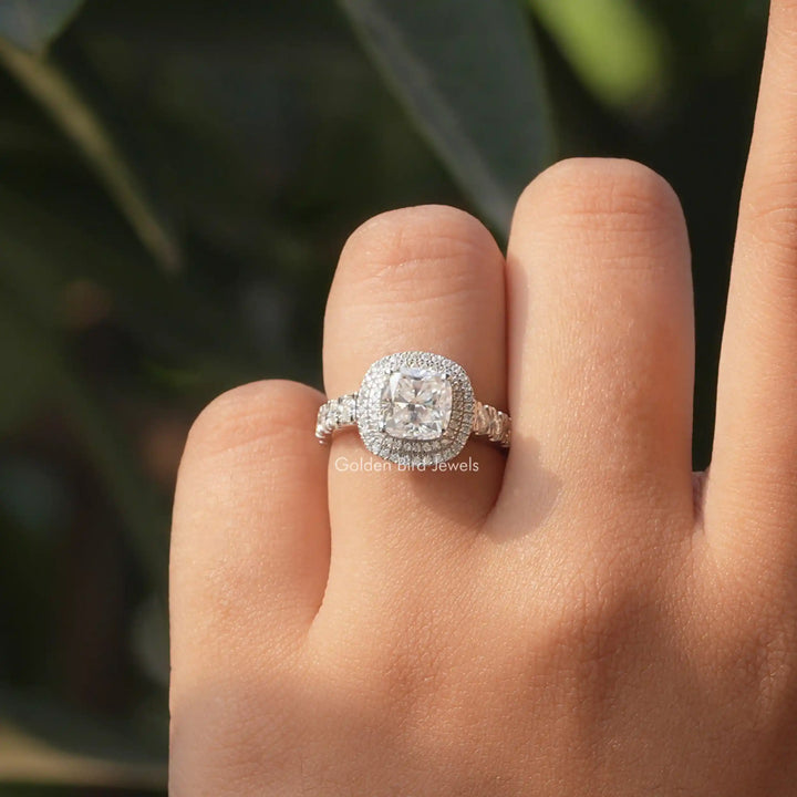 Cushion Cut Moissanite Double Halo Ring