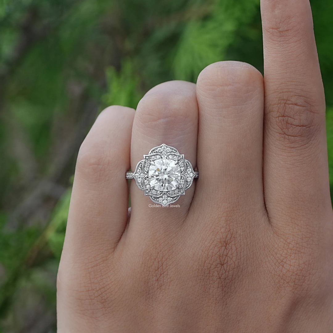 Cushion Cut Moissanite Floral Halo Wedding Ring