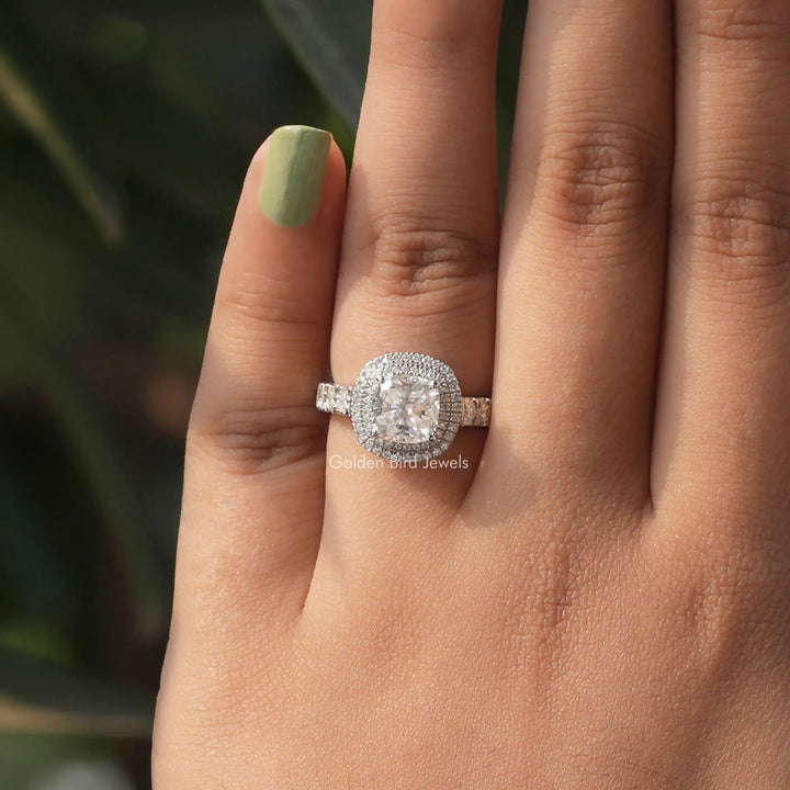 Cushion Cut Moissanite Double Halo Ring