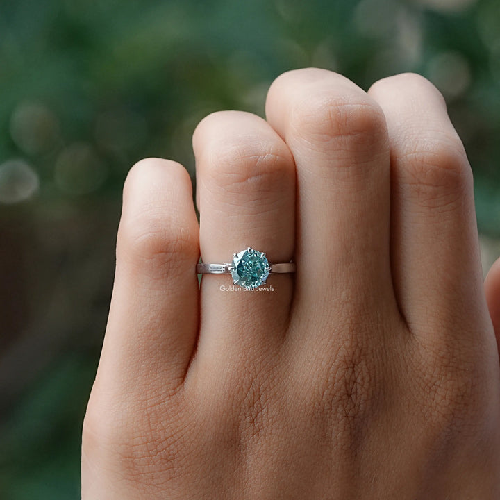 Cyan Blue Portuguese Round Cut Moissanite Ring