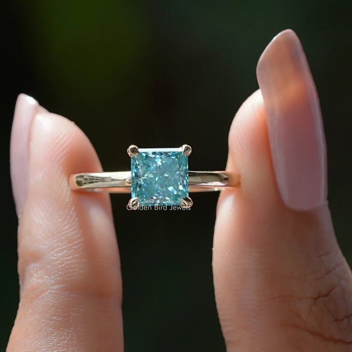 Cyan Blue Princess Cut Moissanite Solitaire Ring