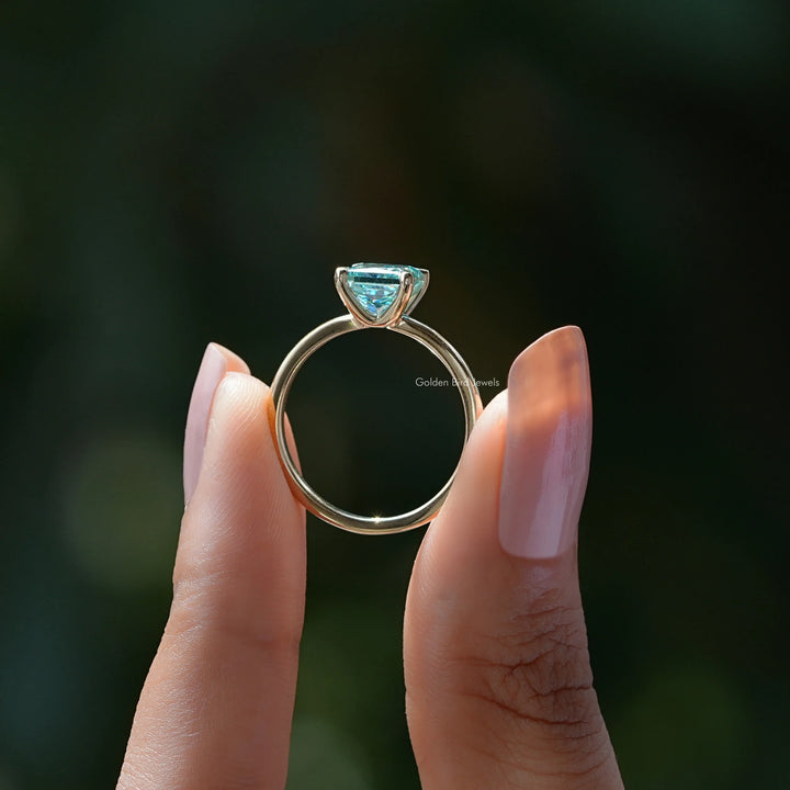 Cyan Blue Princess Cut Moissanite Solitaire Ring